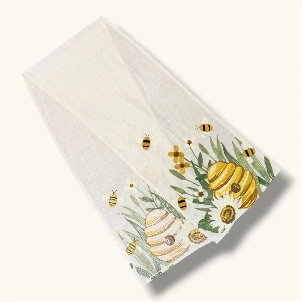 Vintage Embroidered Embroidery Cream Linen Tan Floral Bee Bumblebee Table Runner